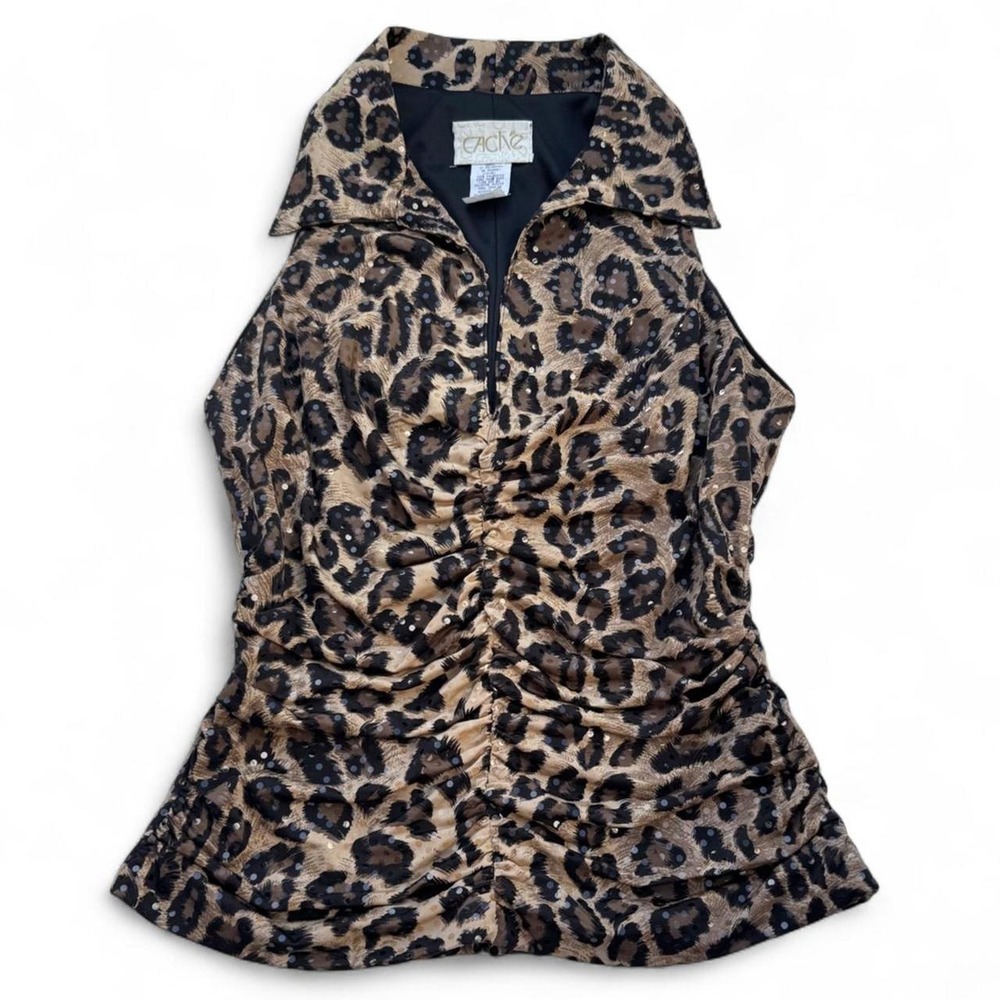 Vintage Brown Y2K Cache Leopard Print Sequin Ruched Blouse Medium